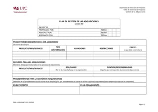 Diplomado de Dirección de Proyectos
Taller de Gerencia de Proyectos
Gestión de las Adquisiciones
PLAN DE GESTIÓN DE LAS ADQUISICIONES
versión #.#
PROYECTO
PREPARADO POR: FECHA
REVISADO POR: FECHA
APROBADO POR: FECHA
PRODUCTOS/BIENES/SERVICIOS A SER ADQUIRIDOS
Decisiones de compras
PRODUCTO/BIEN/SERVICIO
TIPO
CONTRATACIÓN
ASUNCIONES RESTRICCIONES
LÍMITES
Lo que debe o no incluirse
RECURSOS PARA LAS ADQUISICIONES
Miembros del equipo involucrados en los procesos de adquisiciones
PRODUCTO/BIEN/SERVICIO
ROL/CARGO
(Rol en el proyecto/Cargo en la organización)
FUNCION/RESPONSABILIDAD
(Aquellas que correspondan al proceso de adquisiciones)
PROCEDIMIENTOS PARA LA GESTIÓN DE ADQUISICIONES
Definición de los procedimientos que se usarán en el proyecto y los que procedimientos se usarán en el Área Logística (o equivalente) de la empresa que ejecuta (el comprador)
EN EL PROYECTO EN LA ORGANIZACIÓN
DGP-v1001/eWIT/rRY-VV/aDE
Página 1