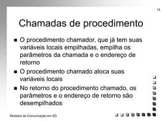 Modelos de Comunicação em SD
14
Chamadas de procedimento
 O procedimento chamador, que já tem suas
variáveis locais empilhadas, empilha os
parâmetros da chamada e o endereço de
retorno
 O procedimento chamado aloca suas
variáveis locais
 No retorno do procedimento chamado, os
parâmetros e o endereço de retorno são
desempilhados
 