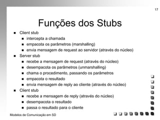 Modelos de Comunicação em SD
17
Funções dos Stubs
 Client stub
 intercepta a chamada
 empacota os parâmetros (marshalling)
 envia mensagem de request ao servidor (através do núcleo)
 Server stub
 recebe a mensagem de request (através do núcleo)
 desempacota os parâmetros (unmarshalling)
 chama o procedimento, passando os parâmetros
 empacota o resultado
 envia mensagem de reply ao cliente (através do núcleo)
 Client stub
 recebe a mensagem de reply (através do núcleo)
 desempacota o resultado
 passa o resultado para o cliente
 