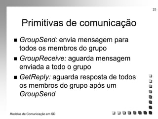 Modelos de Comunicação em SD
25
Primitivas de comunicação
 GroupSend: envia mensagem para
todos os membros do grupo
 GroupReceive: aguarda mensagem
enviada a todo o grupo
 GetReply: aguarda resposta de todos
os membros do grupo após um
GroupSend
 