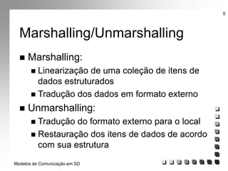 Modelos de Comunicação em SD
5
Marshalling/Unmarshalling
 Marshalling:
 Linearização de uma coleção de itens de
dados estruturados
 Tradução dos dados em formato externo
 Unmarshalling:
 Tradução do formato externo para o local
 Restauração dos itens de dados de acordo
com sua estrutura
 