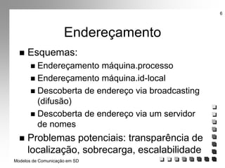 Modelos de Comunicação em SD
6
Endereçamento
 Esquemas:
 Endereçamento máquina.processo
 Endereçamento máquina.id-local
 Descoberta de endereço via broadcasting
(difusão)
 Descoberta de endereço via um servidor
de nomes
 Problemas potenciais: transparência de
localização, sobrecarga, escalabilidade
 