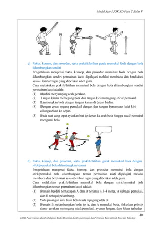 Modul Ajar PJOK SD Fase C Kelas V
40
@2021 Pusat Asesmen dan Pembelajaran Badan Penelitian dan Pengembangan dan Perbukuan, Kemendikbud, Riset dan Teknologi
c) Fakta, konsep, dan prosedur, serta praktik/latihan gerak memukul bola dengan bola
dilambungkan sendiri
Pengetahuan mengenai fakta, konsep, dan prosedur memukul bola dengan bola
dilambungkan sendiri permainan kasti dipelajari melalui membaca dan berdiskusi
sesuai lembar tugas yang diberikan oleh guru.
Cara melakukan praktik/latihan memukul bola dengan bola dilambungkan sendiri
permainan kasti adalah:
(1) Berdiri menyamping arah gerakan.
(2) Tangan kanan memegang bola dan tangan kiri memegang stick/ pemukul.
(3) Lambungkan bola dengan tangan kanan di depan badan.
(4) Dengan cepat pegang pemukul dengan dua tangan bersamaan kaki kiri
dilangkahkan ke depan.
(5) Pada saat yang tepat ayunkan bat ke depan ke arah bola hingga stick/ pemukul
mengenai bola.
d) Fakta, konsep, dan prosedur, serta praktik/latihan gerak memukul bola dengan
stick/pemukul bola dilambungkan teman
Pengetahuan mengenai fakta, konsep, dan prosedur memukul bola dengan
stick/pemukul bola dilambungkan teman permainan kasti dipelajari melalui
membaca dan berdiskusi sesuai lembar tugas yang diberikan oleh guru.
Cara melakukan praktik/latihan memukul bola dengan stick/pemukul bola
dilambungkan teman permainan kasti adalah:
(1) Pemain berdiri berhadapan A dan B berjarak ± 3-4 meter, A sebagai pemukul,
dan B sebagai pelambung.
(2) Satu pasangan satu buah bola kasti dipegang oleh B.
(3) Pemain B melambungkan bola ke A, dan A memukul bola, fokuskan prinsip
dasar gerakan memegang stick/pemukul, ayunan lengan, dan fokus terhadap
 
