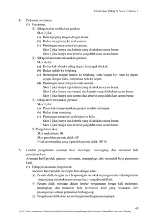 Modul Ajar PJOK SD Fase C Kelas V
45
@2021 Pusat Asesmen dan Pembelajaran Badan Penelitian dan Pengembangan dan Perbukuan, Kemendikbud, Riset dan Teknologi
4) Pedoman penskoran.
(1) Penskoran.
(1) Sikap awalan melakukan gerakan
Skor 3 jika:
(a) Bola dipegang tangan dengan benar.
(b) Badan menghadap ke arah sasaran.
(c) Pandangan mata tertuju ke sasaran.
Skor 2 jika: hanya dua kriteria yang dilakukan secara benar.
Skor 1 jika: hanya satu kriteria yang dilakukan secara benar.
(2) Sikap pelaksanaan melakukan gerakan.
Skor 4 jika:
(a) Kedua kaki dibuka silang depan, lutut agak ditekuk.
(b) Badan sedikit ke belakang.
(c) Rentangkan tangan lempar ke belakang, serta lengan kiri lurus ke depan
sejajar dengan bahu, lemparkan bola ke depan.
(d) Pandangan mata tertuju ke arah sasaran.
Skor 3 jika: hanya tiga kriteria yang dilakukan secara benar.
Skor 2 jika: hanya dua sampai dua kriteria yang dilakukan secara benar.
Skor 1 jika: hanya satu sampai dua kriteria yang dilakukan secara benar.
(3) Sikap akhir melakukan gerakan.
Skor 3 jika:
(a) Posisi kaki menyesuaikan gerakan setelah melempar.
(b) Badan tetap seimbang.
(c) Pandangan mengikuti arah lepasnya bola.
Skor 2 jika: hanya dua kriteria yang dilakukan secara benar.
Skor 1 jika: hanya satu kriteria yang dilakukan secara benar.
(2) Pengolahan skor
Skor maksimum: 10
Skor perolehan peserta didik: SP
Nilai keterampilan yang diperoleh peserta didik: SP/10
5) Lembar pengamatan asesmen hasil melempar, menangkap, dan memukul bola
permainan kasti.
Asesmen hasil/produk gerakan melempar, menangkap, dan memukul bola permainan
kasti.
(1) Tahap pelaksanaan pengukuran
Asesmen hasil/produk melempar bola dengan cara:
(a) Peserta didik dengan cara berpasangan melakukan pengamatan terhadap teman
yang sedang melakukan permainan kasti yang dimodifikasi.
(b) Peserta didik mencatat dalam lembar pengamatan berapa kali melempar,
menangkap, dan memukul bola permainan kasti yang dilakukan oleh
pasangannya selama permainan berlangsung.
(c) Pengataman dilakukan secara bergantian dengan pasanganya.
 