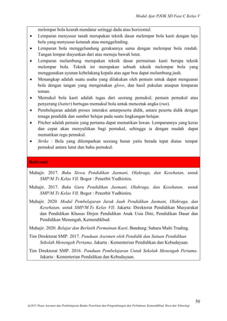 Modul Ajar PJOK SD Fase C Kelas V
50
@2021 Pusat Asesmen dan Pembelajaran Badan Penelitian dan Pengembangan dan Perbukuan, Kemendikbud, Riset dan Teknologi
melempar bola kearah mendatar setinggi dada atau horizontal.
 Lemparan menyusur tanah merupakan teknik dasar melempar bola kasti dengan laju
bola yang menyusur ketanah atau menggelinding.
 Lemparan bola menggelundung gerakannya sama dengan melempar bola rendah.
Tangan lempar diayunkan dari atas menuju bawah lutut.
 Lemparan melambung merupakan teknik dasar permainan kasti berupa teknik
melempar bola. Teknik ini merupakan sebuah teknik melempar bola yang
menggunakan ayunan kebelakang kepala atas agar boa dapat melambung jauh.
 Menangkap adalah suatu usaha yang dilakukan oleh pemain untuk dapat menguasai
bola dengan tangan yang mengenakan glove, dan hasil pukulan ataupun lemparan
teman.
 Memukul bola kasti adalah tugas dari seorang pemukul, pemain pemukul atau
penyerang (batter) bertugas memukul bola untuk mencetak angka (run).
 Pembelajaran adalah proses interaksi antarpeserta didik, antara peserta didik dengan
tenaga pendidik dan sumber belajar pada suatu lingkungan belajar.
 Pitcher adalah pemain yang pertama dapat mematikan lawan. Lemparannya yang keras
dan cepat akan menyulitkan bagi pemukul, sehingga ia dengan mudah dapat
mematikan regu pemukul.
 Strike : Bola yang dilemparkan seorang benar yaitu berada tepat diatas tempat
pemukul antara lutut dan bahu pemukul.
Referensi
Muhajir. 2017. Buku Siswa Pendidikan Jasmani, Olahraga, dan Kesehatan, untuk
SMP/M.Ts Kelas VII. Bogor : Penerbit Yudhistira.
Muhajir. 2017. Buku Guru Pendidikan Jasmani, Olahraga, dan Kesehatan, untuk
SMP/M.Ts Kelas VII. Bogor : Penerbit Yudhistira.
Muhajir. 2020. Modul Pembelajaran Jarak Jauh Pendidikan Jasmani, Olahraga, dan
Kesehatan, untuk SMP/M.Ts Kelas VII. Jakarta: Direktorat Pendidikan Masyarakat
dan Pendidikan Khusus Dirjen Pendidikan Anak Usia Dini, Pendidikan Dasar dan
Pendidikan Menengah, Kemendikbud.
Muhajir. 2020. Belajar dan Berlatih Permainan Kasti. Bandung: Sahara Multi Trading.
Tim Direktorat SMP. 2017. Panduan Asesmen oleh Pendidik dan Satuan Pendidikan
Sekolah Menengah Pertama. Jakarta : Kementerian Pendidikan dan Kebudayaan.
Tim Direktorat SMP. 2016. Panduan Pembelajaran Untuk Sekolah Menengah Pertama.
Jakarta : Kementerian Pendidikan dan Kebudayaan.
 