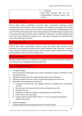 Modul Ajar PJOK SD Fase C Kelas V
32
@2021 Pusat Asesmen dan Pembelajaran Badan Penelitian dan Pengembangan dan Perbukuan, Kemendikbud, Riset dan Teknologi
o Portopolio.
(Guru dapat memilih salah satu atau
menggabungkan beberapa asesmen yang
sesuai).
Tujuan Pembelajaran
Peserta didik melalui pembelajaran resiprokal dapat menunjukkan kemampuan dalam
mempraktikkan dan memahami variasi pola gerak dasar melempar, menangkap, dan memukul
bola permainan kasti sesuai potensi dan kreativitas yang dimiliki serta mengembangkan nilai-
nilai Profil Pelajar Pancasila pada elemen Gotong Royong dan Mandiri dengan meregulasi dan
menginternalisasi nilai-nilai gerak seperti: berkolaborasi, kepedulian, berbagi, pemahaman diri
dan situasi yang dihadapi, dan meregulasi diri, serta dapat menerapkan pola perilaku hidup
sehat dalam kehidupan sehari-hari.
Pemahaman Bermakna
Peserta didik dapat memanfaatkan aktivitas variasi pola gerak dasar lokomotor, non-
lokomotor, dan manipulatif permainan kasti dalam kehidupan nyata sehari-hari. Contohnya
bahwa dengan bermain kasti tubuh menjadi sehat dan bugar, gerakan menjadi lincah sehingga
dapat melakukan aktivitas sehari-hari dengan baik.
Pertanyaan Pemantik
Mengapa peserta didik perlu mengenal dan memahami variasi pola gerak dasar lokomotor,
non-lokomotor, dan manipulatif permainan sepak bola?
Prosedur Kegiatan Pembelajaran
1. Persiapan mengajar
Hal-hal yang harus dipersiapkan guru sebelum melakukan kegiatan pembelajaran antara
lain sebagai berikut:
a. Membaca kembali Modul Ajar yang telah dipersiapkan guru sebelumnya.
b. Membaca kembali buku-buku sumber yang berkaitan dengan permainan kasti.
c. Menyiapkan alat pembelajaran, diantaranya:
1) Lapangan permainan kasti atau lapangan sejenisnya (lapangan bola atau halaman
sekolah).
2) Bola kasti atau bola sejenisnya (bola terbuat dari plastik, karet, dll).
3) Pemukul bola kasti.
4) Rintangan (corong) atau sejenisnya (tiang hinggap atau bilah bambu).
5) Peluit, meteran, dan kapur tabur.
6) Lembar Kegiatan Peserta Didik (student work sheet) yang berisi perintah dan
indikator tugas gerak.
2. Kegiatan pengajaran
Langkah-langkah kegiatan pengajaran antara lain sebagai berikut:
 
