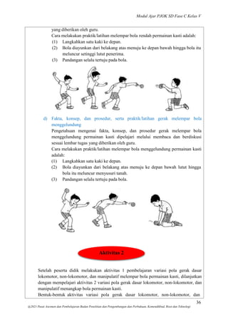 Modul Ajar PJOK SD Fase C Kelas V
36
@2021 Pusat Asesmen dan Pembelajaran Badan Penelitian dan Pengembangan dan Perbukuan, Kemendikbud, Riset dan Teknologi
yang diberikan oleh guru.
Cara melakukan praktik/latihan melempar bola rendah permainan kasti adalah:
(1) Langkahkan satu kaki ke depan.
(2) Bola diayunkan dari belakang atas menuju ke depan bawah hingga bola itu
meluncur setinggi lutut penerima.
(3) Pandangan selalu tertuju pada bola.
d) Fakta, konsep, dan prosedur, serta praktik/latihan gerak melempar bola
menggelundung
Pengetahuan mengenai fakta, konsep, dan prosedur gerak melempar bola
menggelundung permainan kasti dipelajari melalui membaca dan berdiskusi
sesuai lembar tugas yang diberikan oleh guru.
Cara melakukan praktik/latihan melempar bola menggelundung permainan kasti
adalah:
(1) Langkahkan satu kaki ke depan.
(2) Bola diayunkan dari belakang atas menuju ke depan bawah lutut hingga
bola itu meluncur menyusuri tanah.
(3) Pandangan selalu tertuju pada bola.
Aktivitas 2
Setelah peserta didik melakukan aktivitas 1 pembelajaran variasi pola gerak dasar
lokomotor, non-lokomotor, dan manipulatif melempar bola permainan kasti, dilanjutkan
dengan mempelajari aktivitas 2 variasi pola gerak dasar lokomotor, non-lokomotor, dan
manipulatif menangkap bola permainan kasti.
Bentuk-bentuk aktivitas variasi pola gerak dasar lokomotor, non-lokomotor, dan
 