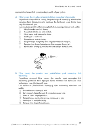 Modul Ajar PJOK SD Fase C Kelas V
37
@2021 Pusat Asesmen dan Pembelajaran Badan Penelitian dan Pengembangan dan Perbukuan, Kemendikbud, Riset dan Teknologi
manipulatif melempar bola permainan kasti, adalah sebagai berikut.
a) Fakta, konsep, dan prosedur, serta praktik/latihan menangkap bola mendatar
Pengetahuan mengenai fakta, konsep, dan prosedur gerak menangkap bola mendatar
permainan kasti dipelajari melalui membaca dan berdiskusi sesuai lembar tugas
yang diberikan oleh guru.
Cara melakukan praktik/latihan menangkap bola mendatar permainan kasti adalah:
(1) Menghadap ke arah bola datang.
(2) Kedua kaki dibuka dan lutut ditekuk.
(3) Sikap badan agak condong ke depan.
(4) Pandangan ke arah bola.
(5) Kedua tangan lurus ke depan.
(6) Telapak tangan menghadap bola dengan membentuk mangkuk.
(7) Tangkap bola dengan kedua tangan, lalu genggam dengan jari.
(8) Setelah bola tertangkap, tarik ke arah dada dengan menekuk siku.
b) Fakta, konsep, dan prosedur, serta praktik/latihan gerak menangkap bola
melambung
Pengetahuan mengenai fakta, konsep, dan prosedur gerak menangkap bola
melambung permainan kasti dipelajari melalui membaca dan berdiskusi sesuai
lembar tugas yang diberikan oleh guru.
Cara melakukan praktik/latihan menangkap bola melambung permainan kasti
adalah:
(1) Perhatikan arah lambungan bola.
(2) Lari menuju bola dan berhenti di bawah lambungan bola.
(3) Arahkan kedua tangan pada bola.
(4) Telapak tangan membentuk corong menghadap ke atas.
(5) Pandangan ke arah bola datang.
(6) Tangkap bola dengan kedua tangan.
 