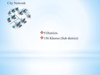 City Network
9 Districts
156 Khoroo (Sub district)
 