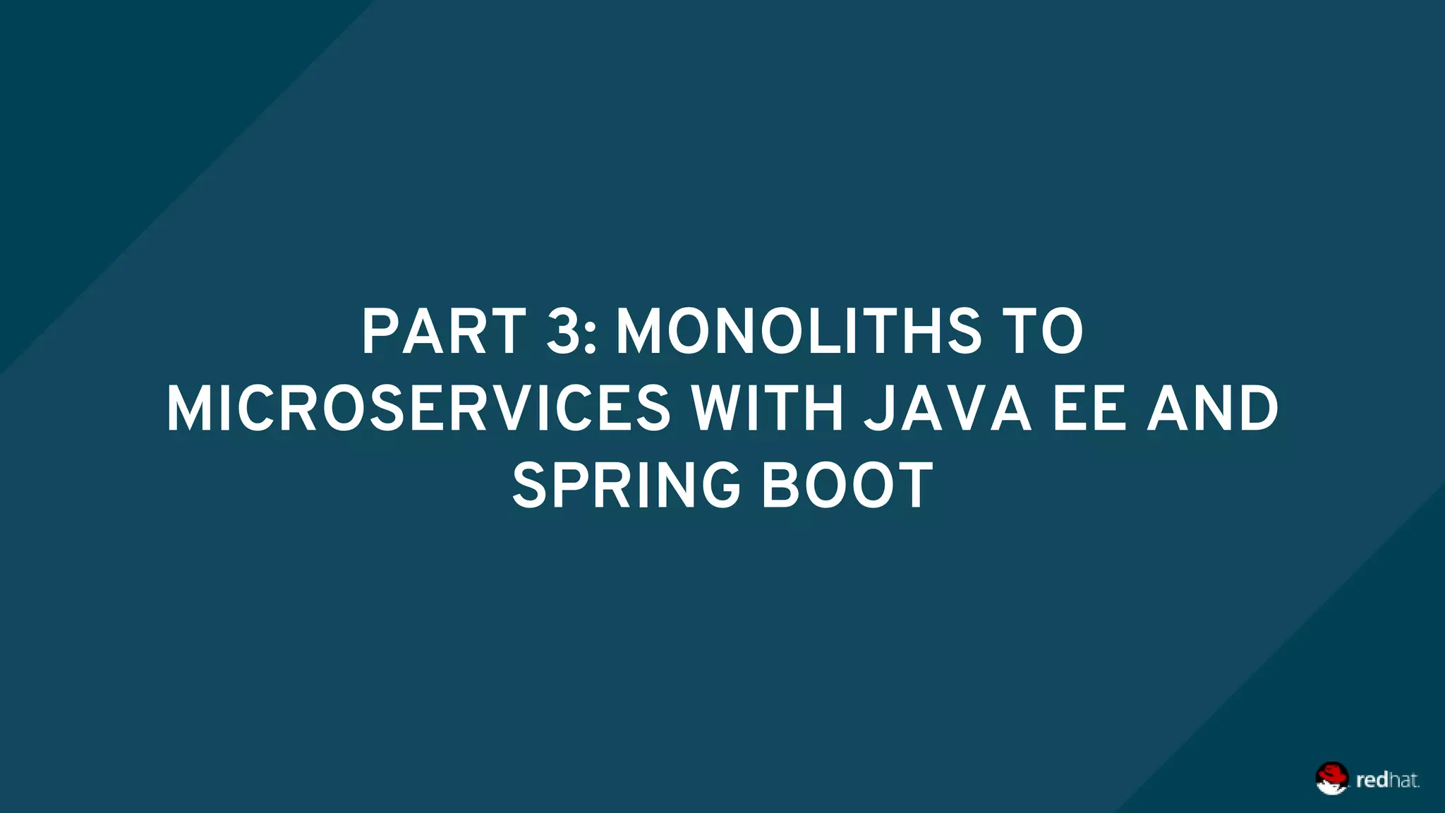 PART 3: MONOLITHS TO
MICROSERVICES WITH JAVA EE AND
SPRING BOOT
 