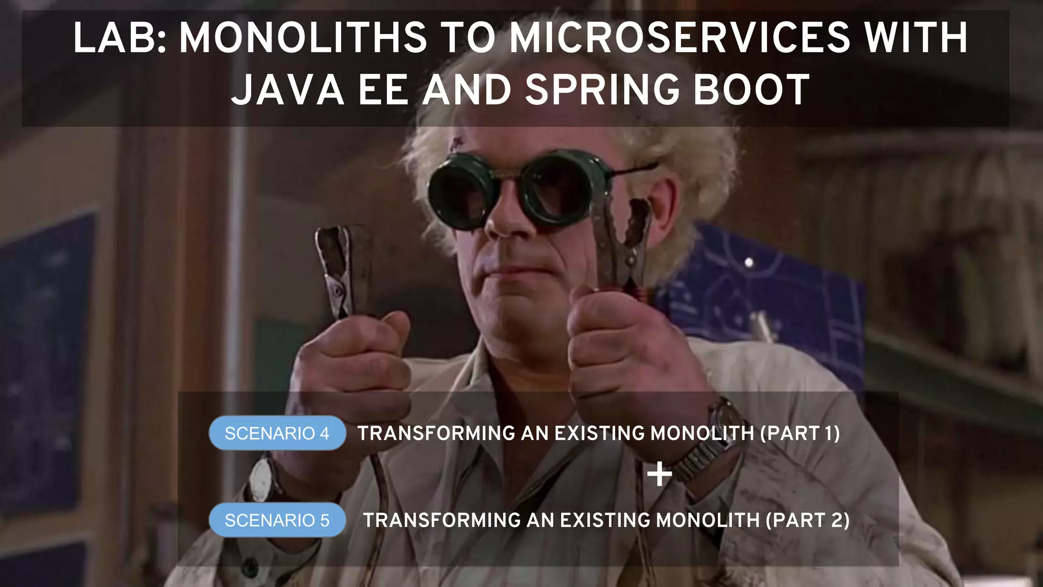 LAB: MONOLITHS TO MICROSERVICES WITH
JAVA EE AND SPRING BOOT
SCENARIO 4 TRANSFORMING AN EXISTING MONOLITH (PART 1)
SCENARIO 5 TRANSFORMING AN EXISTING MONOLITH (PART 2)
+
 