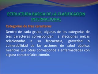 Categorías de tres caracteres
Dentro de cada grupo, algunas de las categorías de
tres caracteres corresponden a afecciones únicas
relacionadas a su frecuencia, gravedad o
vulnerabilidad de las acciones de salud pública,
mientras que otras corresponde a enfermedades con
alguna característica común.
 
