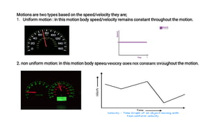 1.
Motions are two types based on the speed/velocity they are;
Uniform motion : in this motion body speed/velocity remains constant throughout the motion.
2. non uniform motion: in this motion body speed/velocity does not constant throughout the motion.
 