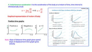 4. Instantaneous acceleration: it is the acceleration of the body at a instant of time, time interval is
inﬁnitesimally small.
Graphical representation of motion of body:
Position-time graphs:
Note: slope of distance time graph gives speed
slope of displacement time graph gives
velocity
 