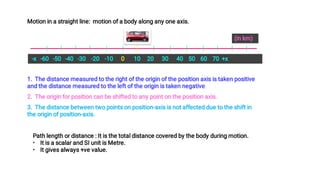 Motion in a straight line: motion of a body along any one axis.
-x -60 -50 -40 -30 -20 -10 0 10 20 30 40 50 60 70 +x
(in km)
1. The distance measured to the right of the origin of the position axis is taken positive
and the distance measured to the left of the origin is taken negative.
2. The origin for position can be shifted to any point on the position axis.
3. The distance between two points on position-axis is not affected due to the shift in
the origin of position-axis.
•
•
Path length or distance : It is the total distance covered by the body during motion.
It is a scalar and SI unit is Metre.
It gives always +ve value.
 