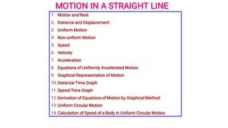 MOTION IN A STRAIGHT LINE
1.
2.
3.
4.
5.
6.
7.
8.
9.
10.
11.
12.
13.
14.
Motion and Rest
Distance and Displacement
Uniform Motion
Non-uniform Motion
Speed
Velocity
Acceleration
Equations of Uniformly Accelerated Motion
Graphical Representation of Motion
Distance-Time Graph
Speed-Time Graph
Derivation of Equations of Motion by Graphical Method
Uniform Circular Motion
Calculation of Speed of a Body in Uniform Circular Motion
 