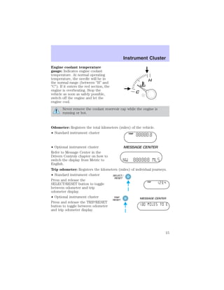 Engine coolant temperature 
gauge: Indicates engine coolant 
temperature. At normal operating 
temperature, the needle will be in 
the normal range (between “H” and 
“C”). If it enters the red section, the 
engine is overheating. Stop the 
vehicle as soon as safely possible, 
switch off the engine and let the 
engine cool. 
Instrument Cluster 
Never remove the coolant reservoir cap while the engine is 
running or hot. 
Odometer: Registers the total kilometers (miles) of the vehicle. 
• Standard instrument cluster 
TRIP 
• Optional instrument cluster 
Refer to Message Center in the 
Drivers Controls chapter on how to 
switch the display from Metric to 
English. 
Trip odometer: Registers the kilometers (miles) of individual journeys. 
• Standard instrument cluster 
Press and release the 
SELECT/RESET button to toggle 
TRIP 
between odometer and trip 
odometer display. 
• Optional instrument cluster 
Press and release the TRIP/RESET 
button to toggle between odometer 
and trip odometer display. 
15 
 