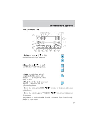 MP3 AUDIO SYSTEM 
1. Balance: Press / to shift 
sound to the left/right speakers. 
2. Fade: Press / to shift 
sound to the rear/front speakers. 
Entertainment Systems 
3. Scan: Press to hear a brief 
sampling of all listenable radio 
stations, CD or MP3 tracks. Press 
again to stop. 
4. CLK: To set the clock press and 
hold the CLK control for the 
following functions: 
• To set the hour, press SEEK / control to decrease or increase 
to the hours. 
• To set the minutes, press TUNE DIR / to decrease or increase 
the minutes. 
Release CLK to save the clock settings. Press CLK again to return the 
display to radio mode. 
25 
 