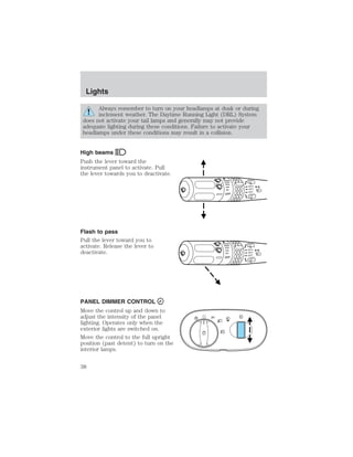 Always remember to turn on your headlamps at dusk or during 
inclement weather. The Daytime Running Light (DRL) System 
does not activate your tail lamps and generally may not provide 
adequate lighting during these conditions. Failure to activate your 
headlamps under these conditions may result in a collision. 
High beams 
Push the lever toward the 
instrument panel to activate. Pull 
the lever towards you to deactivate. 
Flash to pass 
Pull the lever toward you to 
activate. Release the lever to 
deactivate. 
PANEL DIMMER CONTROL 
Move the control up and down to 
adjust the intensity of the panel 
lighting. Operates only when the 
exterior lights are switched on. 
Move the control to the full upright 
position (past detent) to turn on the 
interior lamps. 
INT2 
INT1 
OFF OFF 
INT2 
INT1 
OFF OFF 
A 
Lights 
38 
 