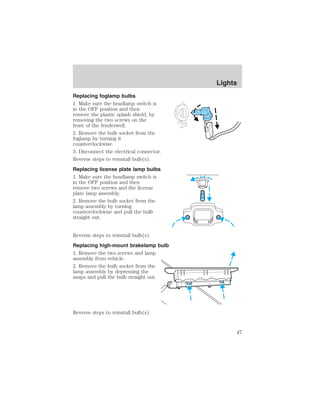 Replacing foglamp bulbs 
1. Make sure the headlamp switch is 
in the OFF position and then 
remove the plastic splash shield, by 
removing the two screws on the 
front of the fenderwell. 
2. Remove the bulb socket from the 
foglamp by turning it 
counterclockwise. 
3. Disconnect the electrical connector. 
Reverse steps to reinstall bulb(s). 
Replacing license plate lamp bulbs 
1. Make sure the headlamp switch is 
in the OFF position and then 
remove two screws and the license 
plate lamp assembly. 
2. Remove the bulb socket from the 
lamp assembly by turning 
counterclockwise and pull the bulb 
straight out. 
Reverse steps to reinstall bulb(s). 
Replacing high-mount brakelamp bulb 
1. Remove the two screws and lamp 
assembly from vehicle. 
2. Remove the bulb socket from the 
lamp assembly by depressing the 
snaps and pull the bulb straight out. 
Reverse steps to reinstall bulb(s). 
Lights 
47 
 