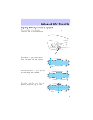 Seating and Safety Restraints 
Adjusting the front power seat (if equipped) 
The control is located on the 
outboard side of the seat cushion. 
Press front to raise or lower the 
front portion of the seat cushion. 
Press rear to raise or lower the rear 
portion of the seat cushion. 
Press the control to move the seat 
forward, backward, up or down. 
99 
 