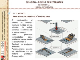 SENCICO – DISEÑO DE INTERIORES
EL FIERRO Y LA

Asignatura: Materiales y Procesos Constructivos I
Arq. Mg. Ms. Manuel Germán Lizarzaburu Aguinaga

MADERA ESTRUCTURAL

I.- EL FIERRO.-

PROCESOS DE FABRICACIÓN DE ACERO

A
continuación,
el
arrabio
se
solidifica
mediante moldeo en una
máquina
de
colada
continua. Se obtiene así
lo que se conoce
como
productos
semiacabados,
estos
productos semiacabados
se transforman, o
"laminan" en productos
Acabados.
Posteriormente pueden
ser recubiertas con un
material
protector
Anticorrosión.

 