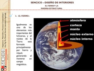 SENCICO – DISEÑO DE INTERIORES
EL FIERRO Y LA

Asignatura: Materiales y Procesos Constructivos I
Arq. Mg. Ms. Manuel Germán Lizarzaburu Aguinaga

MADERA ESTRUCTURAL

I.- EL FIERRO.-

Igualmente es
uno de los
elementos más
importantes del
Universo, y el
núcleo de la
Tierra
está
formado
principalmente
por hierro y
níquel,
generando
al
moverse
un
campo
magnético.

 
