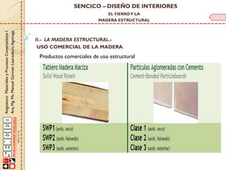 SENCICO – DISEÑO DE INTERIORES
EL FIERRO Y LA

Asignatura: Materiales y Procesos Constructivos I
Arq. Mg. Ms. Manuel Germán Lizarzaburu Aguinaga

MADERA ESTRUCTURAL

II.- LA MADERA ESTRUCTURAL.USO COMERCIAL DE LA MADERA

Productos comerciales de uso estructural

 