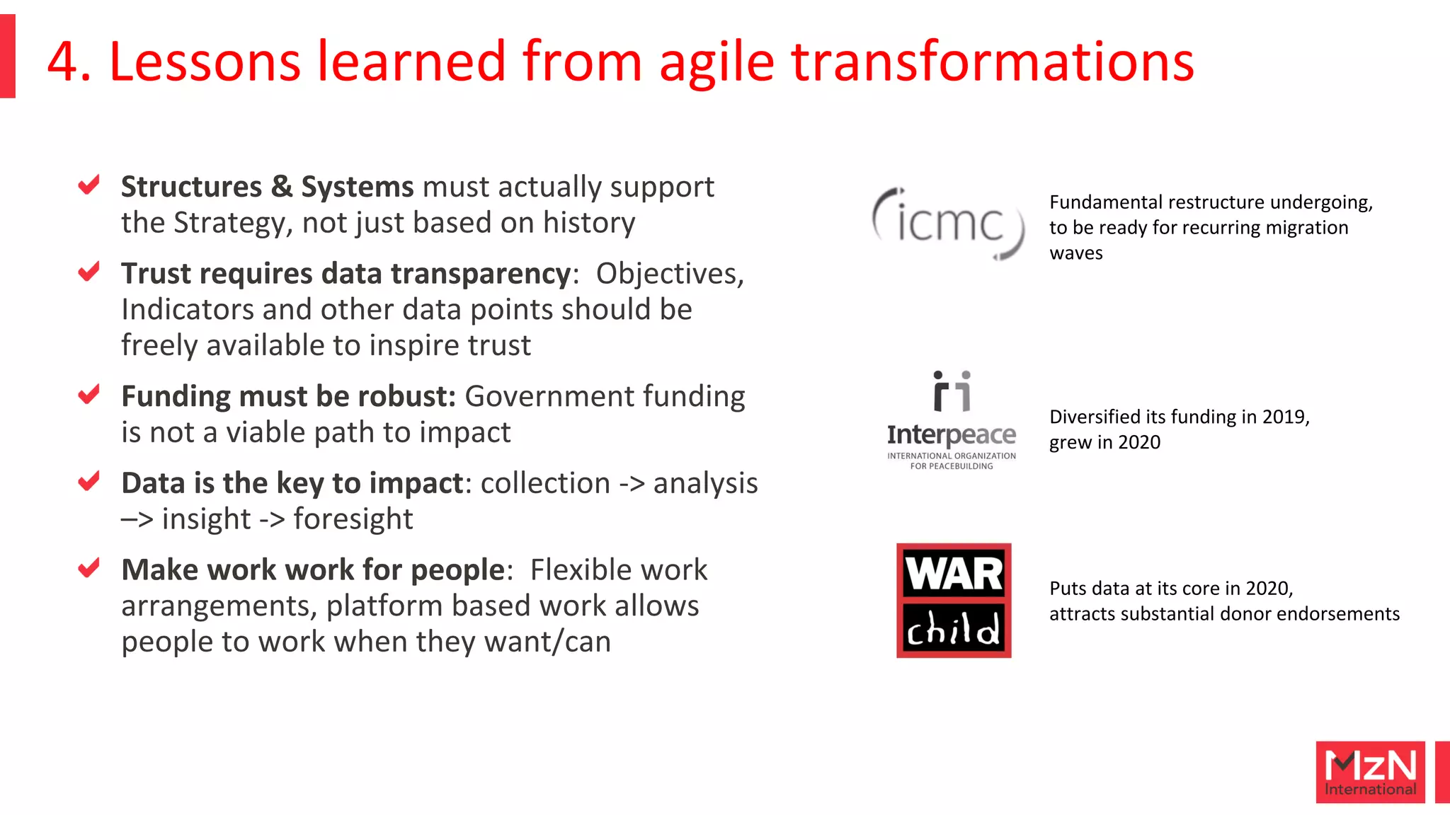 Structures & Systems must actually support
the Strategy, not just based on history
Trust requires data transparency: Objectives,
Indicators and other data points should be
freely available to inspire trust
Funding must be robust: Government funding
is not a viable path to impact
Data is the key to impact: collection -> analysis
–> insight -> foresight
Make work work for people: Flexible work
arrangements, platform based work allows
people to work when they want/can
4. Lessons learned from agile transformations
Diversified its funding in 2019,
grew in 2020
Puts data at its core in 2020,
attracts substantial donor endorsements
Fundamental restructure undergoing,
to be ready for recurring migration
waves
 