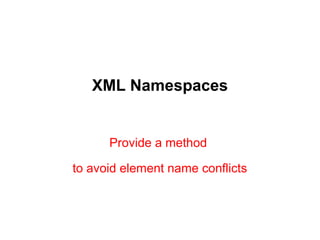 XML Namespaces
Provide a method
to avoid element name conflicts
 