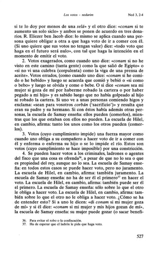 Los votos - nedarim Ned 3, 2-4
si te lo doy por menos de una selá» y el otro dice: «conam si te
aumento un solo sido>> y ambos se ponen de acuerdo en tres dena-
rios. R Eliezer ben Jacob dice: lo mismo se aplica cuando una per-
sona quiere obligar a otra a que haga voto de ir a comer con éL
(Si uno quiere que sus votos no tengan valor) dice: «todo voto que
haga en el futuro será nulo>>, con tal que haga la intención en el
momento de emitir el voto.
2. Votos exagerados, como cuando uno dice: «conam si no he
visto en este camino (tanta gente) como la que salió de Egipto>>o
«si no vi una culebra (corpulenta) como la viga de una prensa de
aceite>>. Votos errados, (como cuando uno dice: «conam si he comi-
do o he bebido>>y luego se acuerda que comió y bebió o «si como
o bebo>> y luego se olvida y come o bebe. O si dice «conam sea mi
mujer si goza de mí por haberme robado la cartera o por haber
pegado a mi hijo>> y es sabido luego que no había golpeado al hijo
ni robado la cartera. Si uno ve a unas personas comiendo higos y
exclama: «sean para vosotros corbán ('sacrificio')>> y resulta que
eran su padre y su hermano. Si con éstos había además otras per-
sonas, la escuela de Samay enseña: ellos pueden (comerlos), mien-
tras que los que estaban con ellos no pueden. La escuela de Hilel,
en cambio, afirma: tanto los unos como los otros pueden (comer-
los).
3. Votos (cuyo cumplimiento impide) una fuerza mayor como
cuando uno obliga a su compañero a hacer voto de ir a comer con
él y enferma o enferma su hijo o se lo impide el río. Estos son
votos (cuyo cumplimiento se hace imposible) por una constricción.
4. Se pueden hacer votos a los criminales, ladrones o agentes
del fisco que una cosa es ofrenda36, a pesar de que no lo sea o que
es propiedad del rey, aunque no lo sea. La escuela de Samay ense-
ña: en todos estos casos se puede hacer voto, pero no juramento.
La escuela de Hilel, en cambio, afirma: también juramento. La
escuela de Samay enseña: no ha de ser él el primero37
en hacer el
voto. La escuela de Hilel, en cambio, afirma: también puede ser él
el primero. La escuela de Samay enseña: sólo sobre lo que el otro
le obliga a hacer voto. La escuela de Hilel, en cambio, afirma: tam-
bién sobre lo que el otro no le obliga a hacer voto. ¿Cómo se ha
de entender esto? Si a uno le dicen: «di conam si mi mujer goza
de mí>> y si él dice: «conam si mi mujer y mis hijos gozan de mí>>,
la escuela de Samay enseña: su mujer puede gozar (o sacar benefi-
36. Para evitar el robo o la confiscación.
37. Ha de esperar que el ladrón le pida que haga voto.
527
 