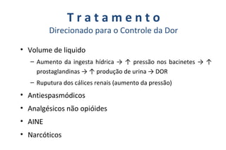 T r a t a m e n t o
Direcionado para o Controle da Dor
• Volume de liquido
– Aumento da ingesta hídrica → ↑ pressão nos bacinetes → ↑
prostaglandinas → ↑ produção de urina → DOR
– Ruputura dos cálices renais (aumento da pressão)
• Antiespasmódicos
• Analgésicos não opióides
• AINE
• Narcóticos
 