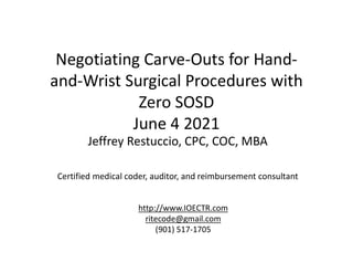 Negotiating Carve-Outs for Hand-
and-Wrist Surgical Procedures with
Zero SOSD
June 4 2021
Jeffrey Restuccio, CPC, COC, MBA
Certified medical coder, auditor, and reimbursement consultant
http://www.IOECTR.com
ritecode@gmail.com
(901) 517-1705
 