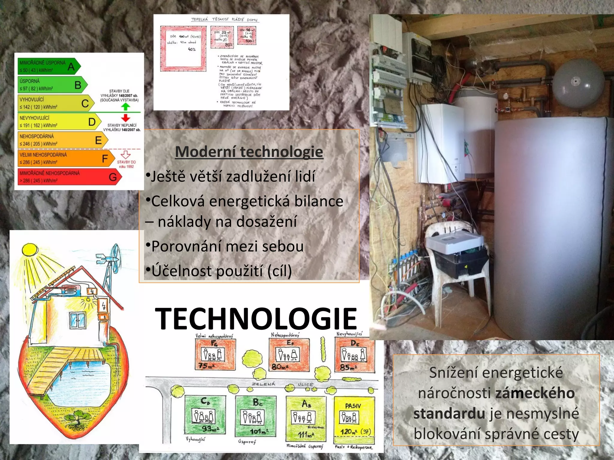 TECHNOLOGIE
Snížení energetické
náročnosti zámeckého
standardu je nesmyslné
blokování správné cesty
Moderní technologie
•Ještě větší zadlužení lidí
•Celková energetická bilance
– náklady na dosažení
•Porovnání mezi sebou
•Účelnost použití (cíl)
 