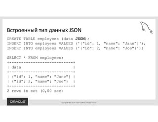 Copyright © 2017, Oracle and/or its affiliates. All rights reserved.
Встроенный тип данных JSON
CREATE TABLE employees (data JSON);
INSERT INTO employees VALUES ('{"id": 1, "name": "Jane"}');
INSERT INTO employees VALUES ('{"id": 2, "name": "Joe"}');
SELECT * FROM employees;
+---------------------------+
| data |
+---------------------------+
| {"id": 1, "name": "Jane"} |
| {"id": 2, "name": "Joe"} |
+---------------------------+
2 rows in set (0,00 sec)
 