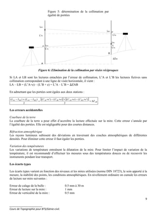 9
_______________________
Cours de Topographie pour BTS/Génie-civil.
Figure 5: détermination de la collimation par
égalité de portées
LA2
L'A2
LB2
L'B2
B
A
e'
e'
∆ZAB
e
LB1
L'B1
LA1
L'A1
Figure 6: Elimination de la collimation par visées réciproques
Si LA et LB sont les lectures entachées par l’erreur de collimation, L’A et L’B les lectures fictives sans
collimation correspondant à une ligne de visée horizontale, il vient :
LA – LB = (L’A+e) – (L’B + e) = L’A – L’B = ∆ZAB
En admettant que les portées sont égales aux deux stations :
[ ] [ ]
AB
BABABABA
Z
eLeLeLeLLLLL
∆=
+−+++−+
=
−+−
2
)''()'()'()''(
2
)()( 22112211
Les erreurs accidentelles
Courbure de la terre
La courbure de la terre a pour effet d’accroître la lecture effectuée sur la mire. Cette erreur s’annule par
l’égalité des portées. Elle est négligeable pour des courtes distances.
Réfraction atmosphérique
Les rayons lumineux subissent des déviations en traversant des couches atmosphériques de différentes
densités. Pour éliminer cette erreur il faut égaler les portées.
Variation des températures
Les variations de température entraînent la dilatation de la mire. Pour limiter l’impact de variation de la
température, il est recommandé d’effectuer les mesures sous des températures douces ou de recouvrir les
instruments pendant leur transport.
Les écarts types
Les écarts types varient en fonction des niveaux et les mires utilisées (norme DIN 18723), le soin apporté à la
mesure, la stabilité des points, les conditions atmosphériques. En nivellement ordinaire on cumule les erreurs
de lecture sur mire suivantes :
Erreur de calage de la bulle : 0.5 mm à 30 m
Erreur de lecture sur la mire : 1 mm
Erreur de verticalité de la mire : 0.5 mm
 