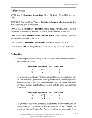 Números proporcionais
35
Referências
BOYER, Carl B. História da Matemática. 12. ed. São Paulo: Edgard Blücher Ltda.,
1996.
GAERTNER, Rosinete (Org.). Tópicos de Matemática para o Ensino Médio. Blu-
menau: FURB. (Coleção Aritthmos 2.)
LIMA, Elon L. Meu Professor de Matemática e outras Histórias. Rio de Janeiro:
Sociedade Brasileira de Matemática. (Coleção do Professor de Matemática.)
LIMA, Elon L. et al. A Matemática do Ensino Médio. Rio de Janeiro: Sociedade
Brasileira de Matemática, 2001. v. 1.
LINTZ, Rubens G. História da Matemática. Blumenau: FURB, 1999. v. 1.
TAHAN, Malba. O Homem que Calculava. 40. ed. Rio de Janeiro: Record, 1995.
Gabarito
1.	 Vamos organizar as informações em colunas de acordo com as diferentes
grandezas envolvidas:
Máquinas Aparelhos Dias Horas/dia
10 100 10 10
20 x 20 20
	 As grandezas aparelhos e máquinas são diretamente proporcionais, pois
ao aumentarmos a quantidade de máquinas teríamos, em correspondên-
cia, aumento no número de aparelhos. Logo, vamos indicar essa relação
direta por meio de duas flechas no mesmo sentido, sendo que o sentido
é arbitrário.
Máquinas Aparelhos Dias Horas/dia
10 100 10 10
20 x 20 20
	 As grandezas aparelhos e dias são diretamente proporcionais, pois ao
aumentarmos a quantidade de dias teríamos, em correspondência, au-
mento no número de aparelhos. Assim, vamos indicar essa relação direta
Este material é parte integrante do acervo do IESDE BRASIL S.A.,
mais informações www.iesde.com.br
 