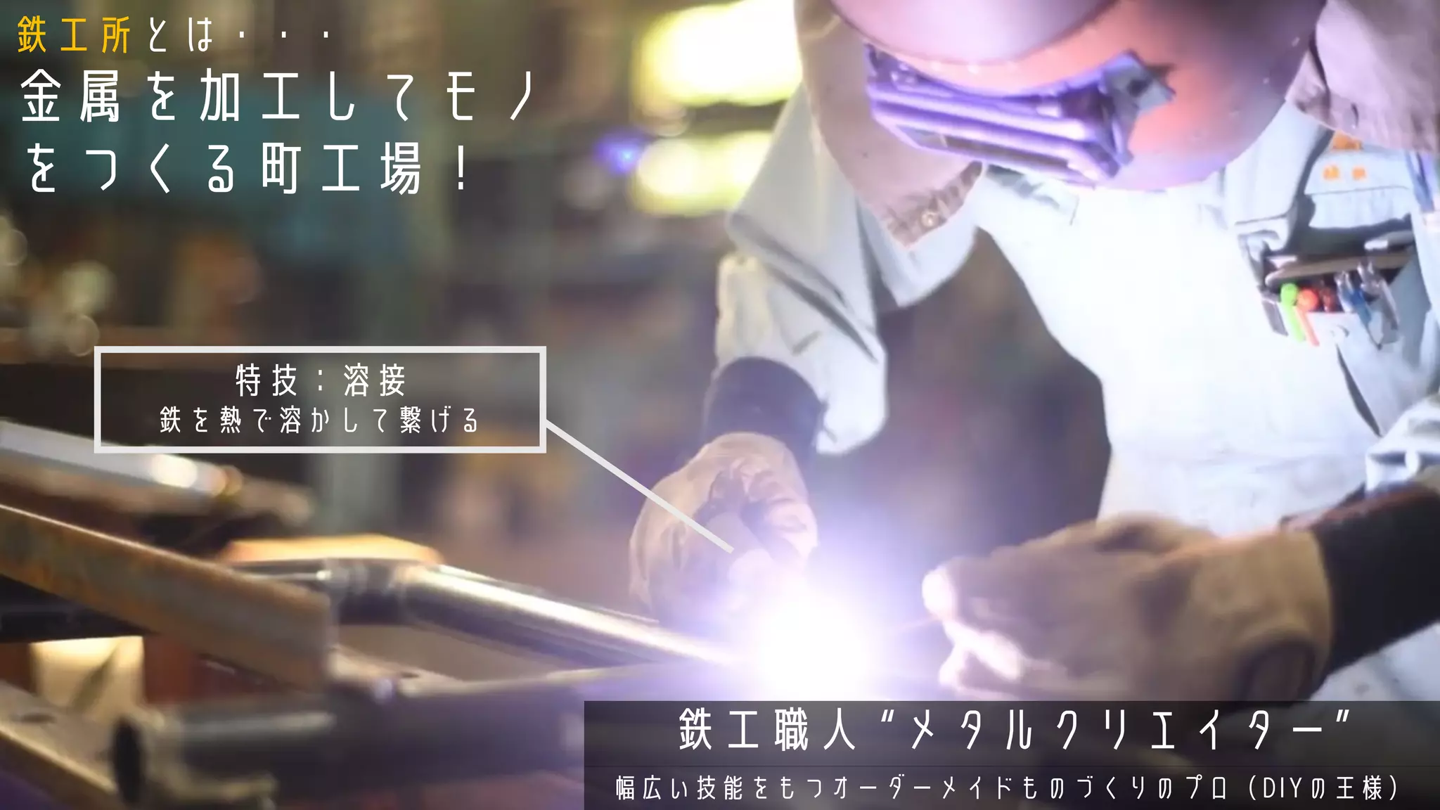 鉄工職人 “メタルクリエイター”
幅広い技能をもつオーダーメイドものづくりのプロ（DIYの王様）
鉄工所とは・・・
金属を加工してモノ
をつくる町工場！
特技：溶接
鉄を熱で溶かして繋げる
 