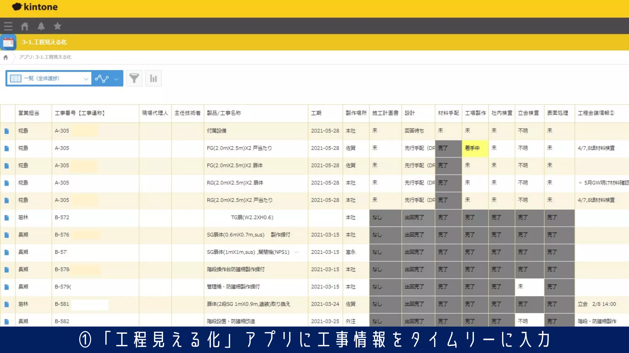 ①「工程見える化」アプリに工事情報をタイムリーに入力
 