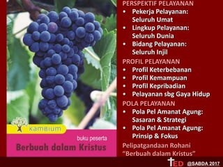 PERSPEKTIF PELAYANAN
• Pekerja Pelayanan:
Seluruh Umat
• Lingkup Pelayanan:
Seluruh Dunia
• Bidang Pelayanan:
Seluruh Injil
PROFIL PELAYANAN
• Profil Keterbebanan
• Profil Kemampuan
• Profil Kepribadian
• Pelayanan sbg Gaya Hidup
POLA PELAYANAN
• Pola Pel Amanat Agung:
Sasaran & Strategi
• Pola Pel Amanat Agung:
Prinsip & Fokus
Pelipatgandaan Rohani
“Berbuah dalam Kristus”
@SABDA 2017
 