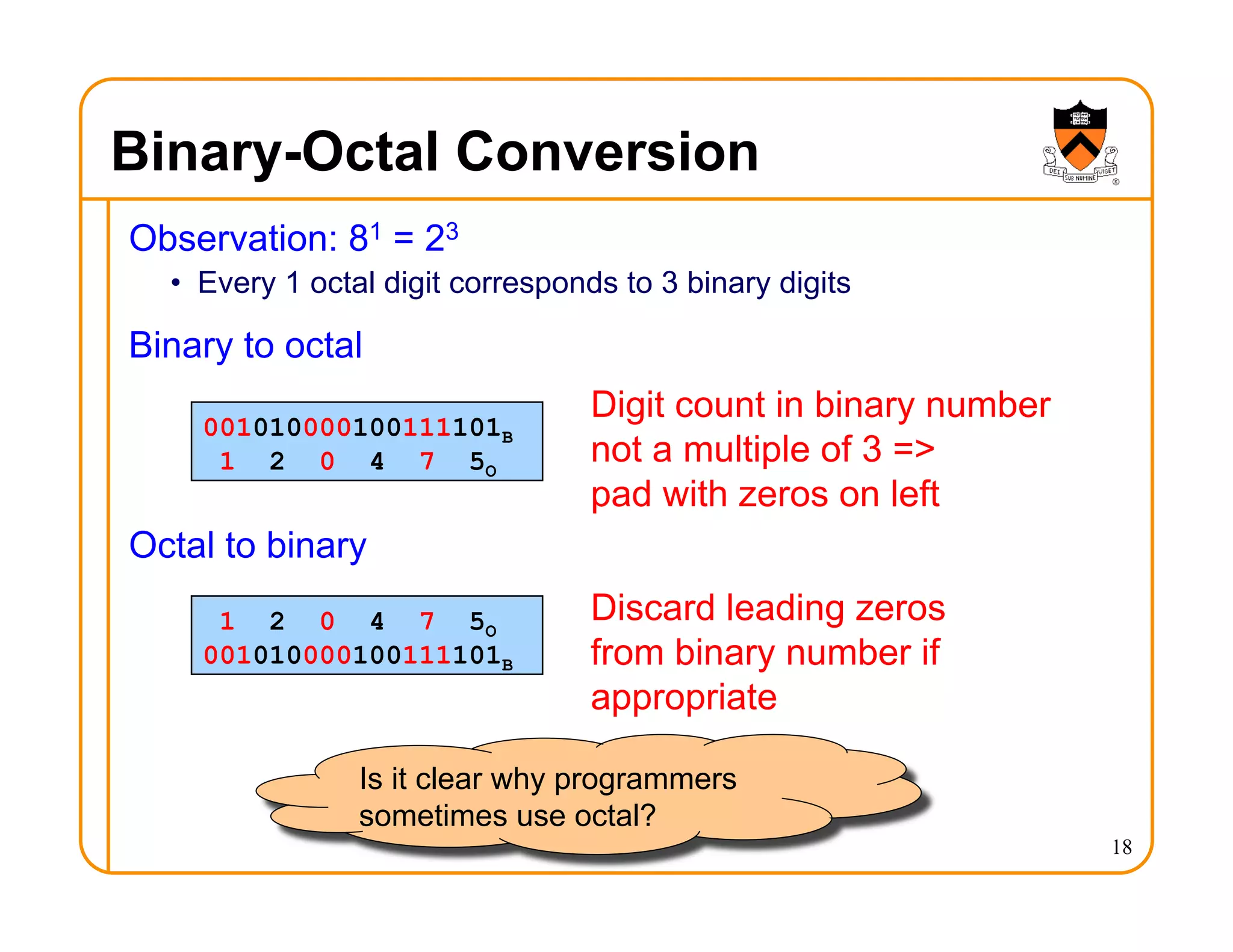 Binary-Octal Conversion
Observation: 81 = 23
• Every 1 octal digit corresponds to 3 binary digits
Binary to octal
Octal to binary
18
001010000100111101B
1 2 0 4 7 5O
Digit count in binary number
not a multiple of 3 =>
pad with zeros on left
Discard leading zeros
from binary number if
appropriate
1 2 0 4 7 5O
001010000100111101B
Is it clear why programmers
sometimes use octal?
 