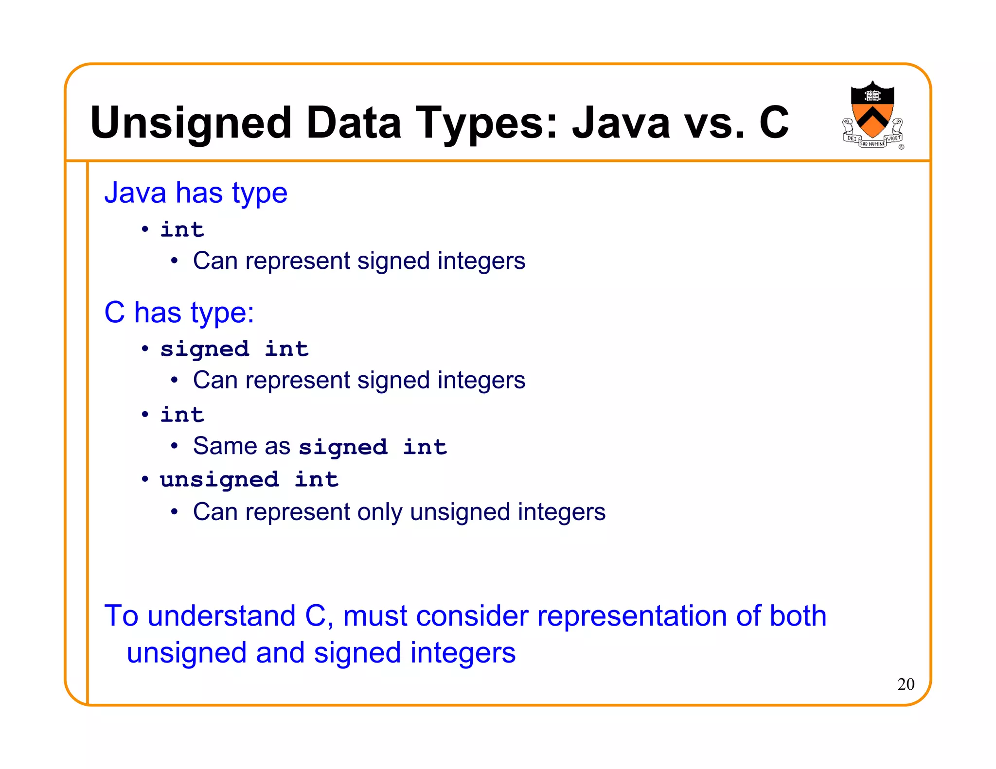 Unsigned Data Types: Java vs. C
Java has type
• int
• Can represent signed integers
C has type:
• signed int
• Can represent signed integers
• int
• Same as signed int
• unsigned int
• Can represent only unsigned integers
To understand C, must consider representation of both
unsigned and signed integers
20
 