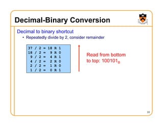 Decimal-Binary Conversion
Decimal to binary shortcut
• Repeatedly divide by 2, consider remainder
10
37 / 2 = 18 R 1
18 / 2 = 9 R 0
9 / 2 = 4 R 1
4 / 2 = 2 R 0
2 / 2 = 1 R 0
1 / 2 = 0 R 1
Read from bottom
to top: 100101B
 