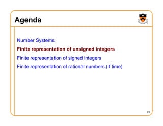 Agenda
Number Systems
Finite representation of unsigned integers
Finite representation of signed integers
Finite representation of rational numbers (if time)
19
 