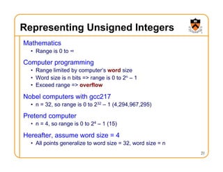 Representing Unsigned Integers
Mathematics
• Range is 0 to ∞
Computer programming
• Range limited by computer’s word size
• Word size is n bits => range is 0 to 2n – 1
• Exceed range => overflow
Nobel computers with gcc217
• n = 32, so range is 0 to 232 – 1 (4,294,967,295)
Pretend computer
• n = 4, so range is 0 to 24 – 1 (15)
Hereafter, assume word size = 4
• All points generalize to word size = 32, word size = n
21
 