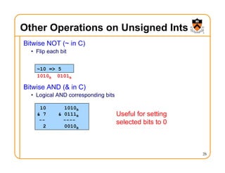 Other Operations on Unsigned Ints
Bitwise NOT (~ in C)
• Flip each bit
Bitwise AND (& in C)
• Logical AND corresponding bits
26
~10 => 5
10 1010B
& 7 & 0111B
-- ----
2 0010B
Useful for setting
selected bits to 0
1010B 0101B
 