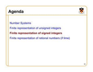 Agenda
Number Systems
Finite representation of unsigned integers
Finite representation of signed integers
Finite representation of rational numbers (if time)
30
 