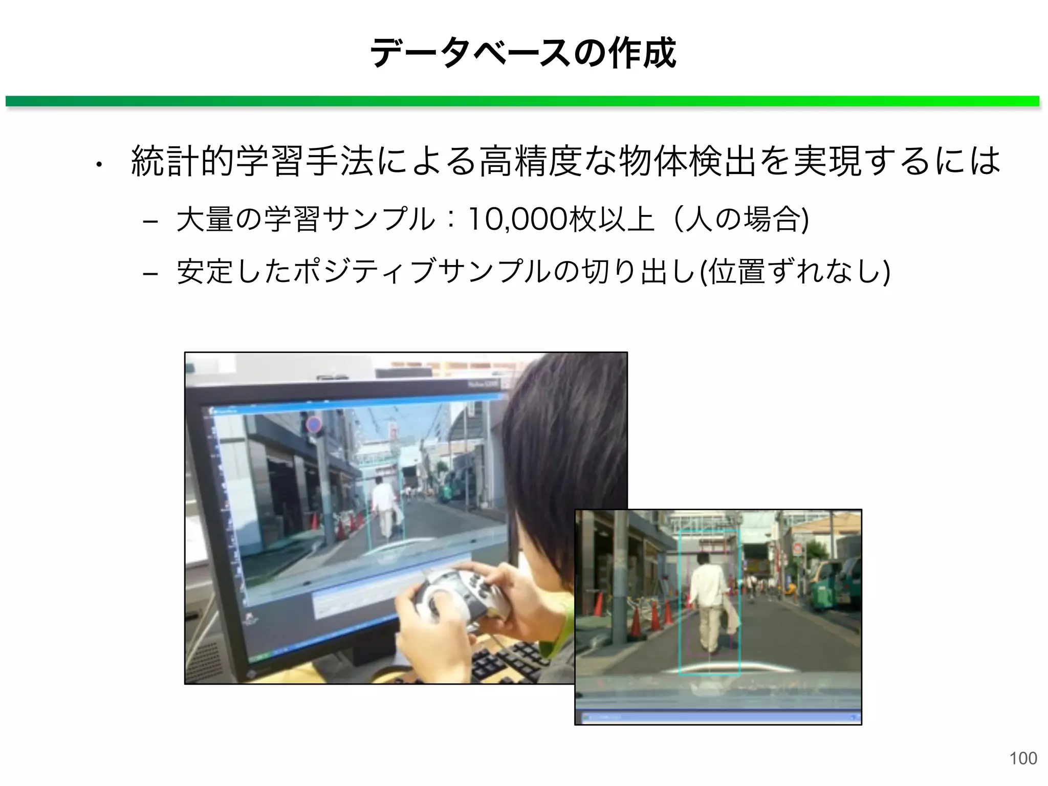 データベースの作成
• 統計的学習手法による高精度な物体検出を実現するには
‒ 大量の学習サンプル：10,000枚以上（人の場合)
‒ 安定したポジティブサンプルの切り出し(位置ずれなし)
100
 
