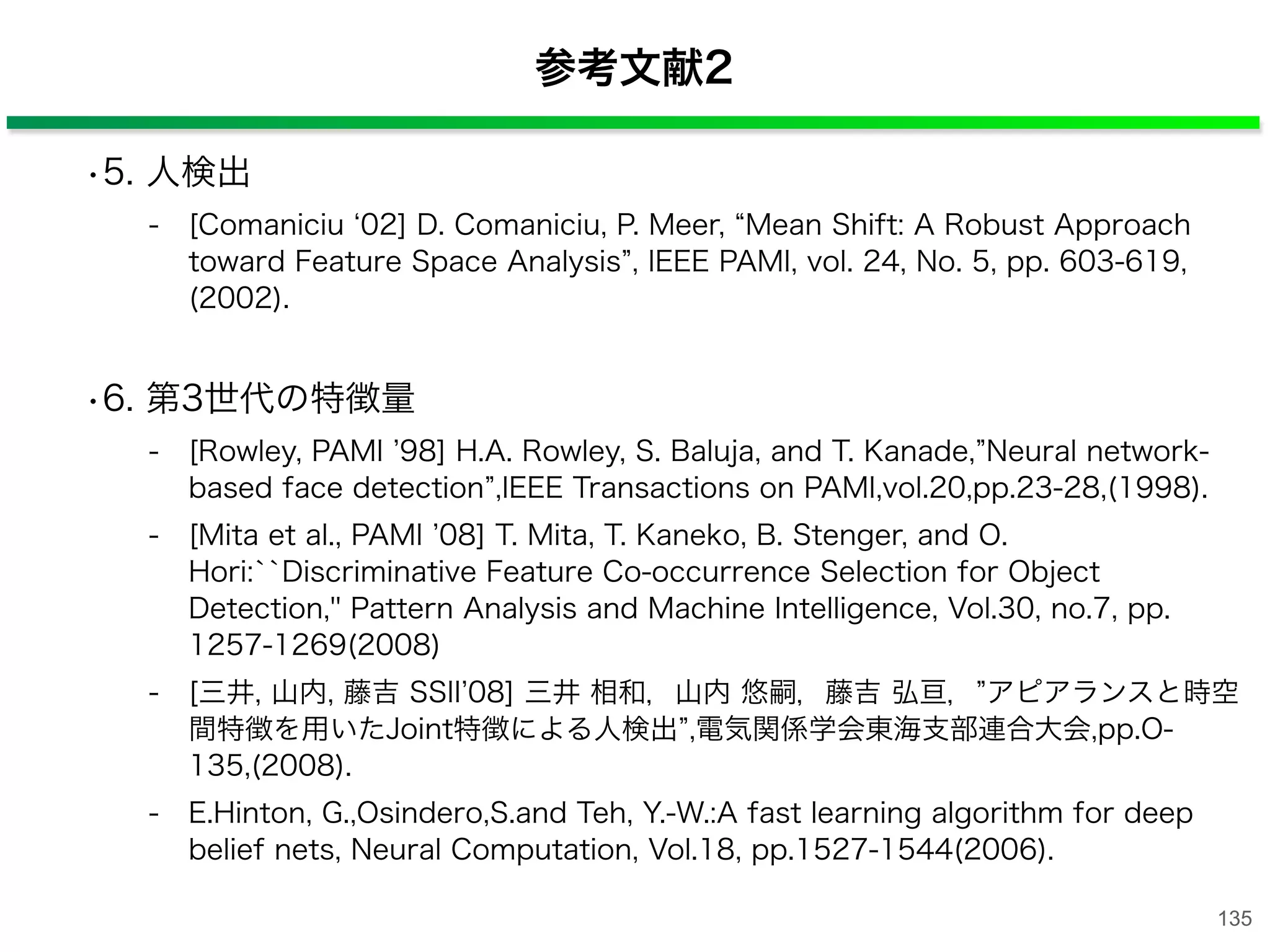 •5. 人検出
- [Comaniciu 02] D. Comaniciu, P. Meer, Mean Shift: A Robust Approach
toward Feature Space Analysis , IEEE PAMI, vol. 24, No. 5, pp. 603-619,
(2002).
•6. 第3世代の特徴量
- [Rowley, PAMI 98] H.A. Rowley, S. Baluja, and T. Kanade, Neural network-
based face detection ,IEEE Transactions on PAMI,vol.20,pp.23-28,(1998).
- [Mita et al., PAMI 08] T. Mita, T. Kaneko, B. Stenger, and O.
Hori:``Discriminative Feature Co-occurrence Selection for Object
Detection,'' Pattern Analysis and Machine Intelligence, Vol.30, no.7, pp.
1257-1269(2008)
- [三井, 山内, 藤吉 SSII 08] 三井 相和，山内 悠嗣，藤吉 弘亘， アピアランスと時空
間特徴を用いたJoint特徴による人検出 ,電気関係学会東海支部連合大会,pp.O-
135,(2008).
- E.Hinton, G.,Osindero,S.and Teh, Y.-W.:A fast learning algorithm for deep
belief nets, Neural Computation, Vol.18, pp.1527-1544(2006).
135
参考文献2
 