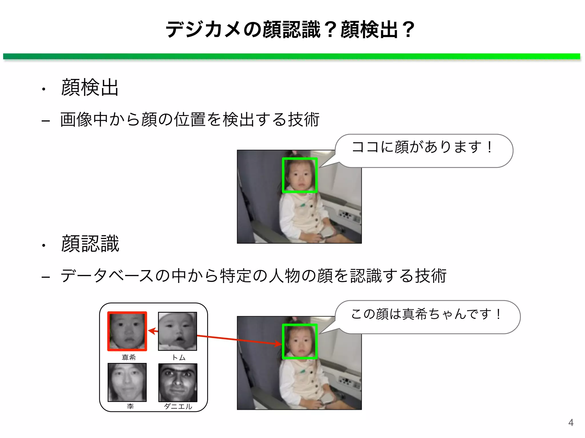 • 顔検出
‒ 画像中から顔の位置を検出する技術
• 顔認識
‒ データベースの中から特定の人物の顔を認識する技術
デジカメの顔認識？顔検出？
ココに顔があります！
真希
李 ダニエル
トム
この顔は真希ちゃんです！
4
 